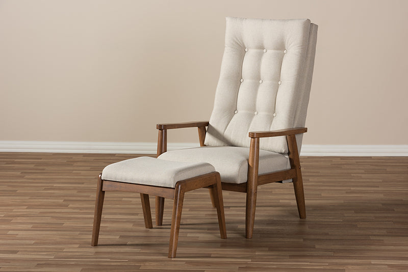 Sebastian Mid-Century Walnut Wood/Light Beige Fabric Button-Tufted High-Back Lounge Chair and Ottoman Set