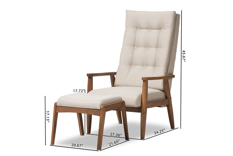 Sebastian Mid-Century Walnut Wood/Light Beige Fabric Button-Tufted High-Back Lounge Chair and Ottoman Set