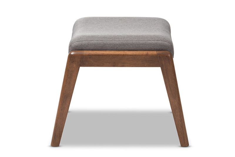 Sebastian Walnut Wood Finishing and Gray Fabric Upholstered Ottoman Baxton