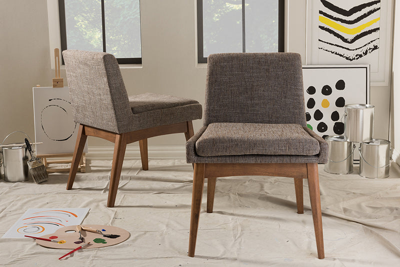 Larine Mid-Century Modern Walnut Wood Finishing and Gravel Fabric Upholstered Dining Side Chair (Set of 2)