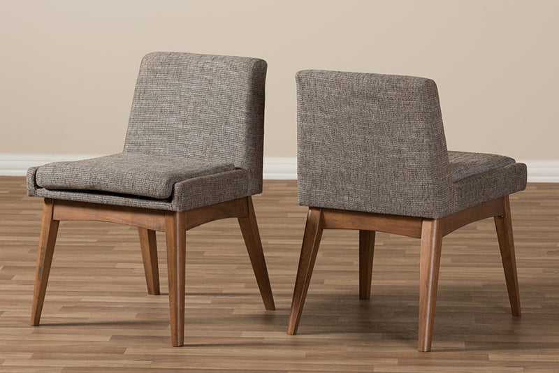 Larine Mid-Century Modern Walnut Wood Finishing and Gravel Fabric Upholstered Dining Side Chair (Set of 2)