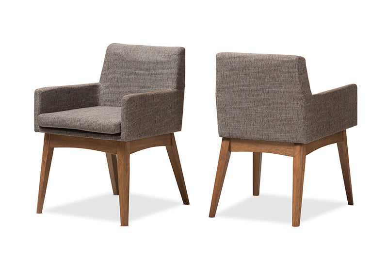 Larine Mid-Century Modern Walnut Wood Finishing and Gravel Fabric Upholstered Arm Chair (Set of 2)