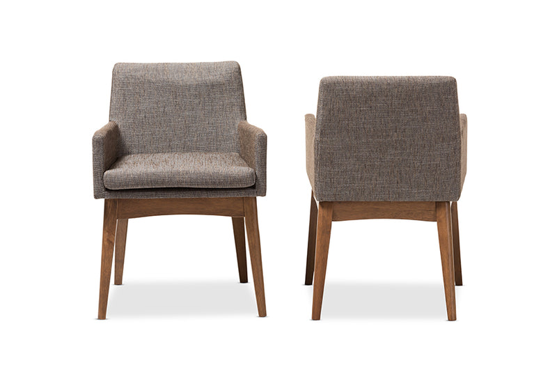 Larine Mid-Century Modern Walnut Wood Finishing and Gravel Fabric Upholstered Arm Chair (Set of 2)