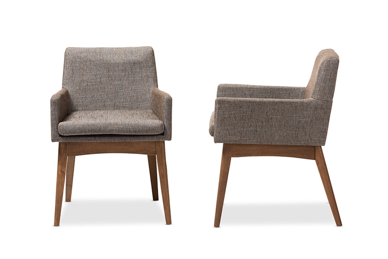 Larine Mid-Century Modern Walnut Wood Finishing and Gravel Fabric Upholstered Arm Chair (Set of 2)