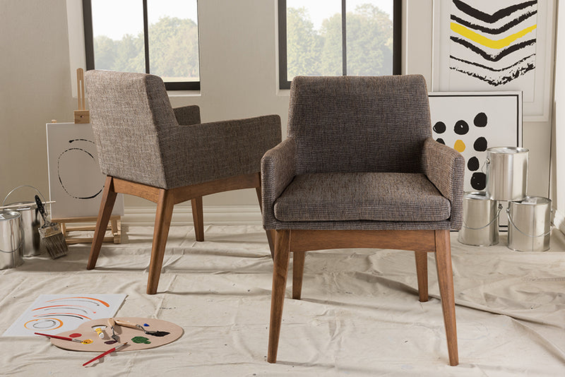 Larine Mid-Century Modern Walnut Wood Finishing and Gravel Fabric Upholstered Arm Chair (Set of 2)