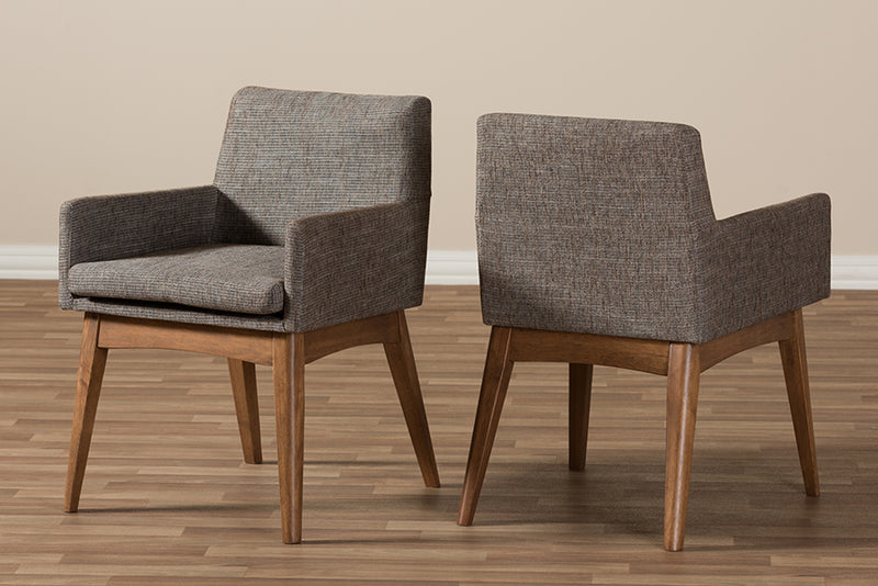 Larine Mid-Century Modern Walnut Wood Finishing and Gravel Fabric Upholstered Arm Chair (Set of 2)