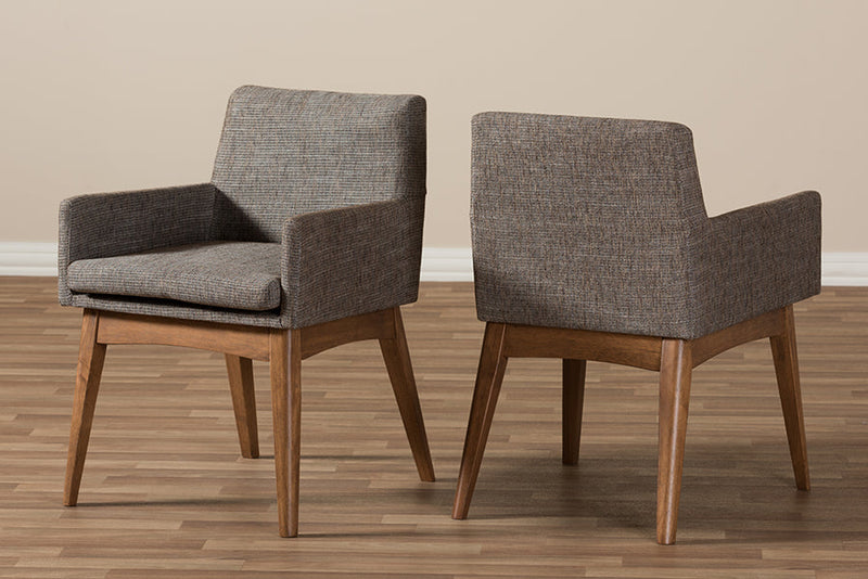 Larine Walnut Wood Finishing and Gravel Fabric Upholstered Arm Chair (Set of 2) Baxton
