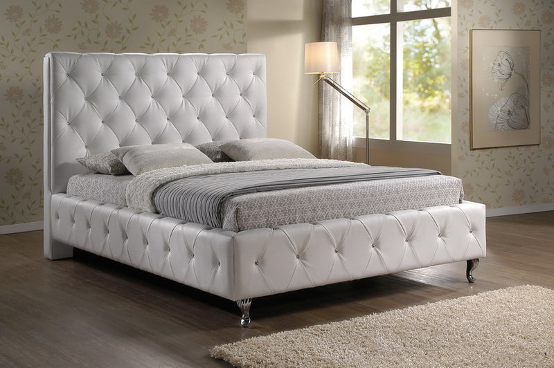 Octavia Crystal Tufted White Modern Bed w/Upholstered Headboard - King Size