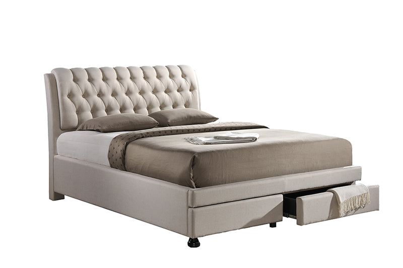 Joanna Contemporary Button-Tufted Light Beige Fabric Upholstered Storage King-Size Bed w/2-drawer