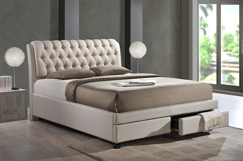 Joanna Contemporary Button-Tufted Light Beige Fabric Upholstered Storage King-Size Bed w/2-drawer