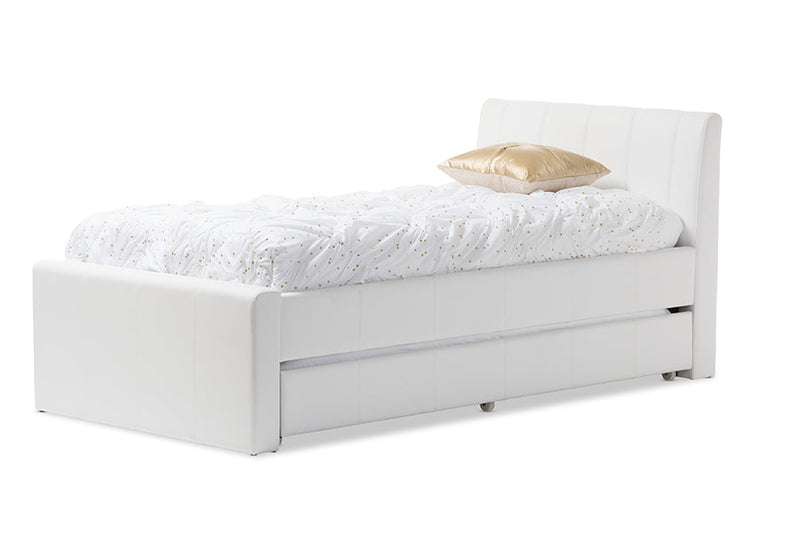 Deirdre White Faux Leather Twin Size Trundle Bed Baxton