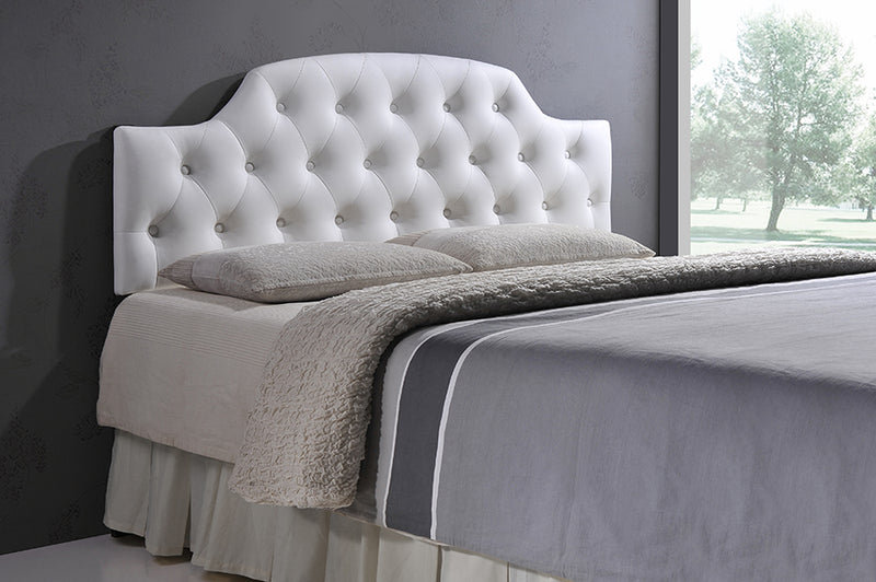 Clovis Modern and Contemporary Queen Size White Faux Leather Upholstered Button-tufted Scalloped Headboard