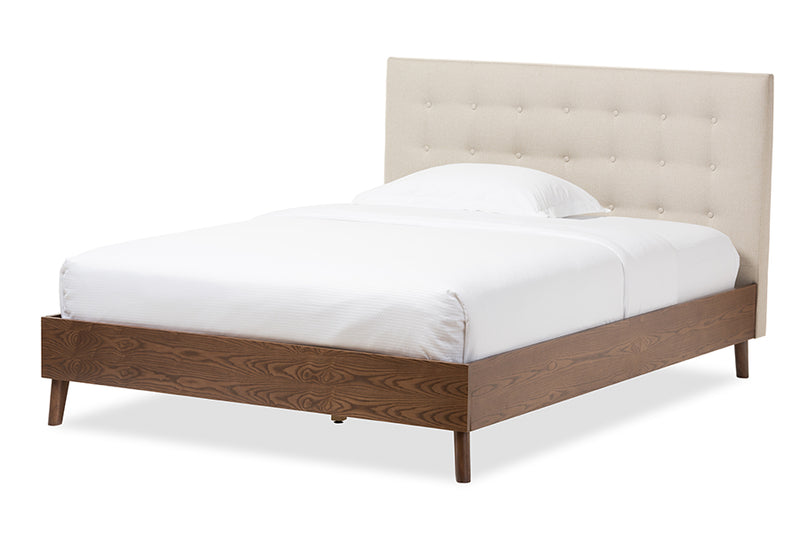 Canterbury Mid-century Retro Modern Light Beige Fabric Upholstered Walnut Wood Queen Size Platform Bed