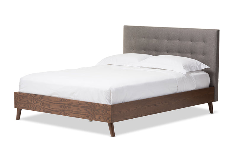 Canterbury Mid-century Retro Modern Gray Fabric Upholstered Walnut Wood Full Size Platform Bed