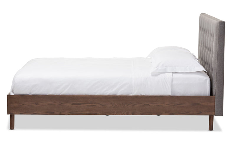 Canterbury Gray Fabric Upholstered Walnut Wood Queen Size Platform Bed Baxton