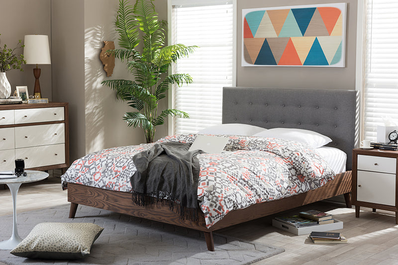 Canterbury Mid-century Retro Modern Gray Fabric Upholstered Walnut Wood Full Size Platform Bed