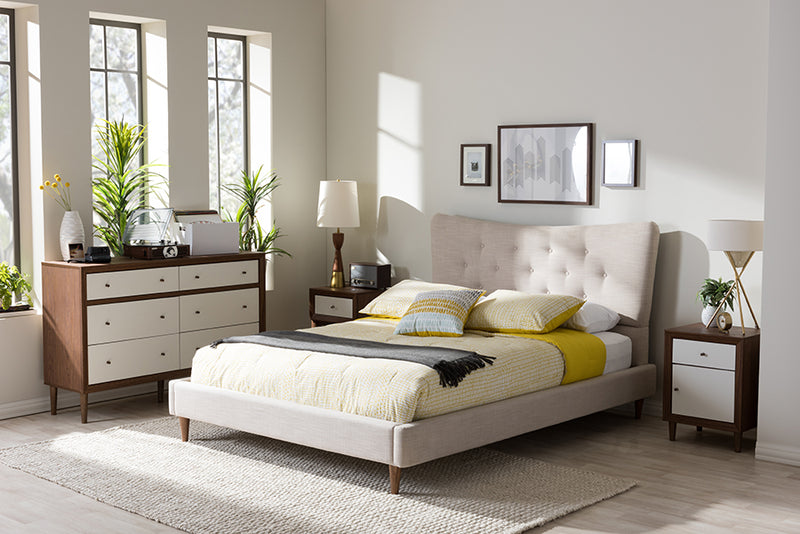 Dannon Mid-Century Modern Beige Linen Queen Size Platform Bed