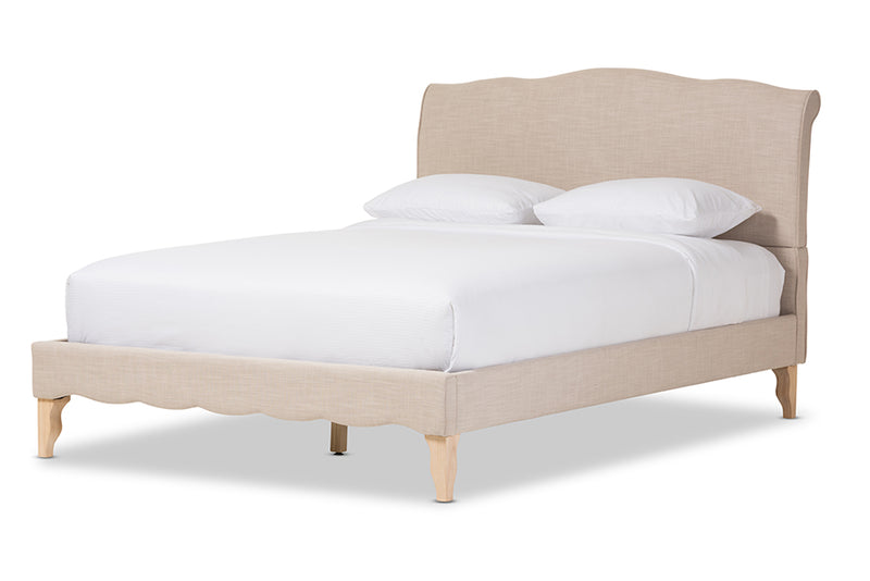 Aya French Classic Modern Style Beige Linen Fabric Queen Size Platform Bed