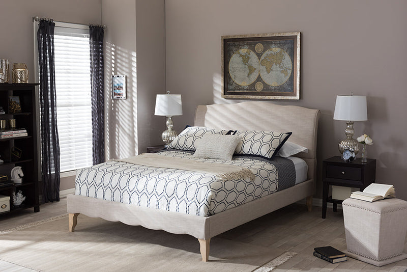 Aya French Classic Modern Style Beige Linen Fabric King Size Platform Bed Baxton
