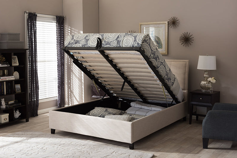Venedict Beige Mix-Linen Queen Size Storage Platform Bed Baxton
