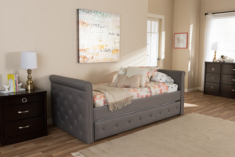 Galen Modern and Contemporary Gray Fabric Tufted Twin Size Daybed w/Roll-out Trundle Guest Bed