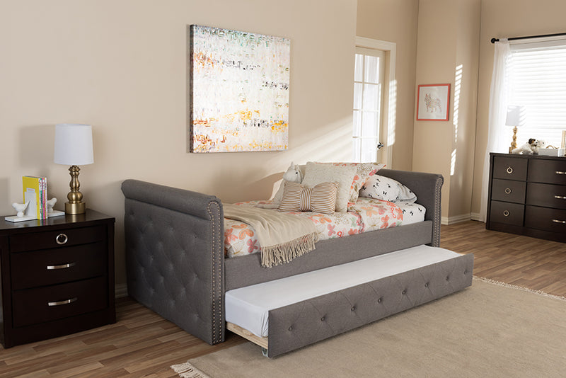 Galen Modern and Contemporary Gray Fabric Tufted Twin Size Daybed w/Roll-out Trundle Guest Bed 
