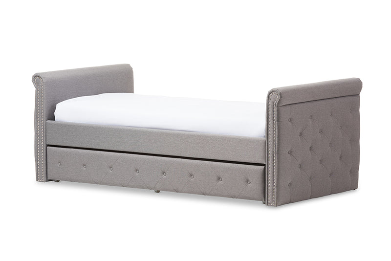 Galen Modern and Contemporary Gray Fabric Tufted Twin Size Daybed w/Roll-out Trundle Guest Bed