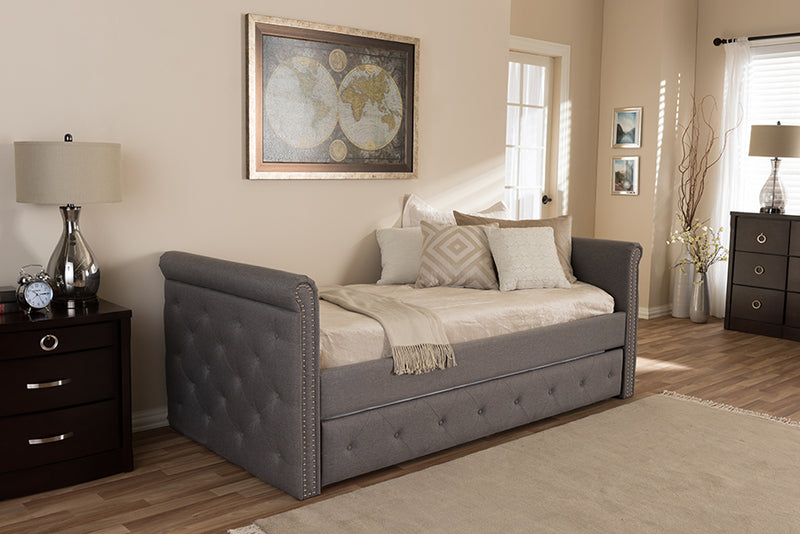 Galen Modern and Contemporary Gray Fabric Tufted Twin Size Daybed w/Roll-out Trundle Guest Bed