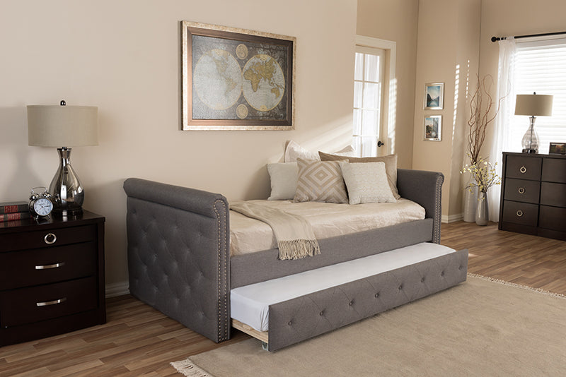 Galen Modern and Contemporary Gray Fabric Tufted Twin Size Daybed w/Roll-out Trundle Guest Bed