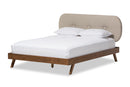 Sherine Solid Walnut Wood Light Beige Fabric Upholstered Queen Size Platform Bed Baxton