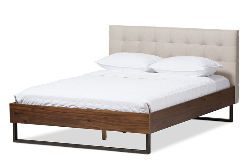 Ronda Rustic Industrial Walnut Wood Beige Fabric Dark Bronze Metal Queen Size Platform Bed