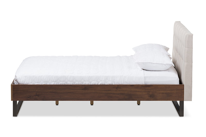 Ronda Rustic Industrial Walnut Wood Beige Fabric Dark Bronze Metal Queen Size Platform Bed