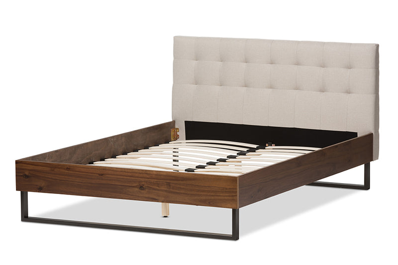 Ronda Rustic Industrial Walnut Wood Beige Fabric Dark Bronze Metal Queen Size Platform Bed