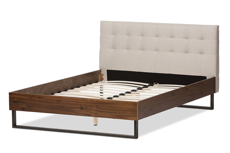 Ronda Walnut Wood Beige Fabric Dark Bronze Metal King Size Platform Bed Baxton