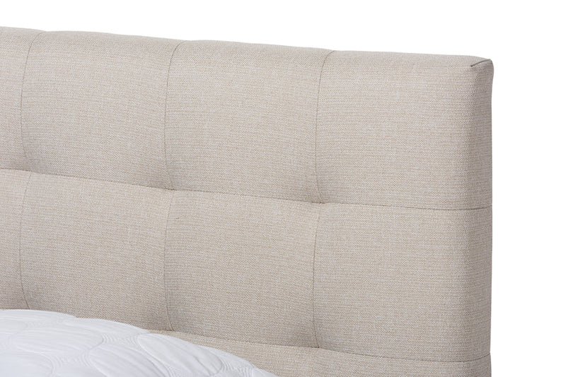Ronda Walnut Wood Beige Fabric Dark Bronze Metal King Size Platform Bed Baxton