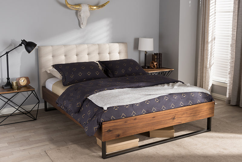 Ronda Rustic Industrial Walnut Wood Beige Fabric Dark Bronze Metal Queen Size Platform Bed