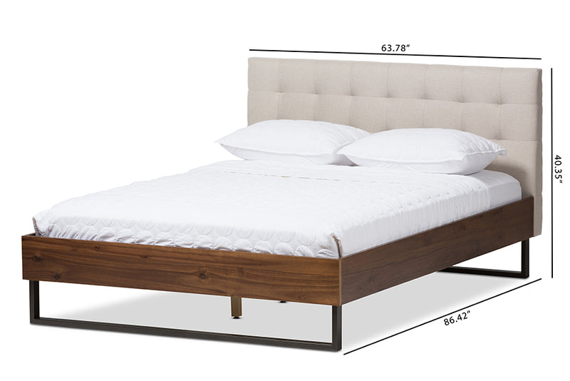 Ronda Rustic Industrial Walnut Wood Beige Fabric Dark Bronze Metal Queen Size Platform Bed