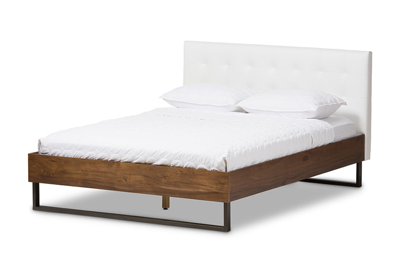 Ronda Rustic Industrial Walnut Wood White Faux Leather Dark Bronze Metal Queen Size Platform Bed