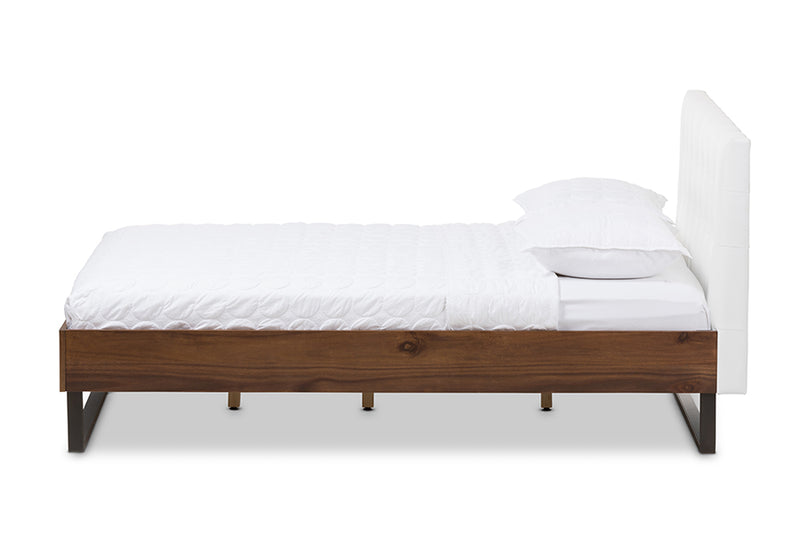 Ronda Rustic Industrial Walnut Wood White Faux Leather Dark Bronze Metal Queen Size Platform Bed