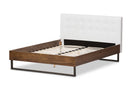 Ronda Walnut Wood White Faux Leather Dark Bronze Metal Queen Size Platform Bed Baxton