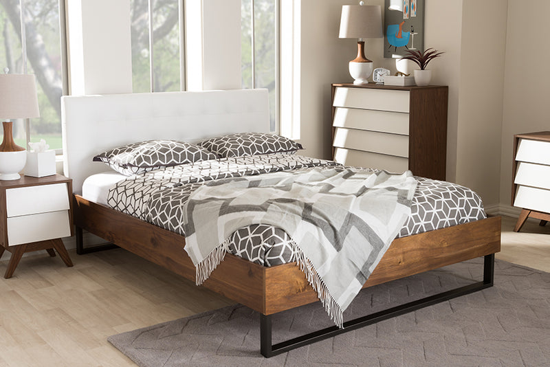 Ronda Rustic Industrial Walnut Wood White Faux Leather Dark Bronze Metal Queen Size Platform Bed