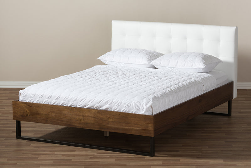 Ronda Rustic Industrial Walnut Wood White Faux Leather Dark Bronze Metal Queen Size Platform Bed