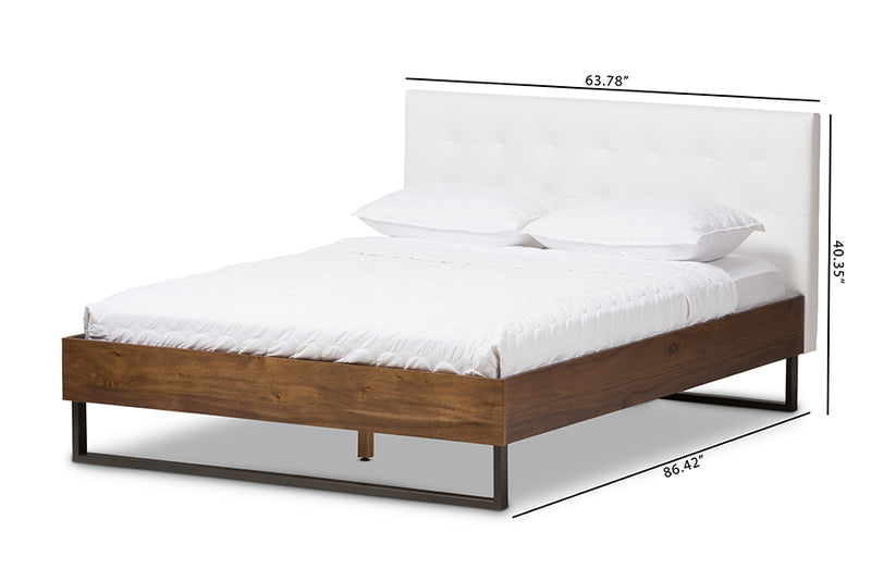 Ronda Rustic Industrial Walnut Wood White Faux Leather Dark Bronze Metal Queen Size Platform Bed