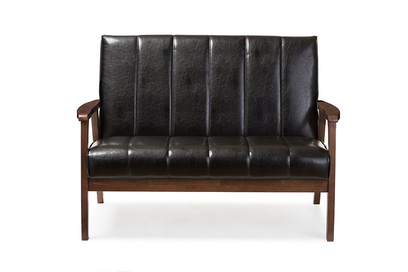 Ghina Mid-century Modern Scandinavian Style Black Faux Leather Wooden 2-Seater Loveseat