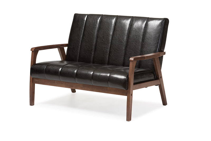 Ghina Mid-century Modern Scandinavian Style Black Faux Leather Wooden 2-Seater Loveseat