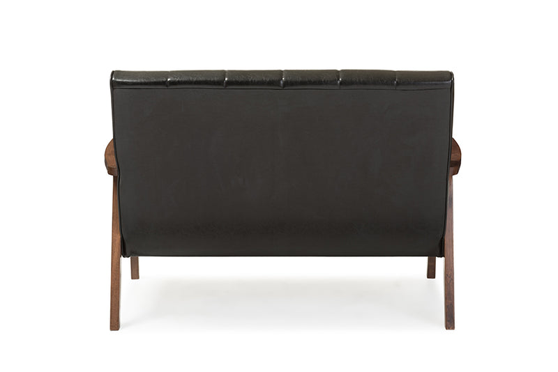 Ghina Mid-century Modern Scandinavian Style Black Faux Leather Wooden 2-Seater Loveseat