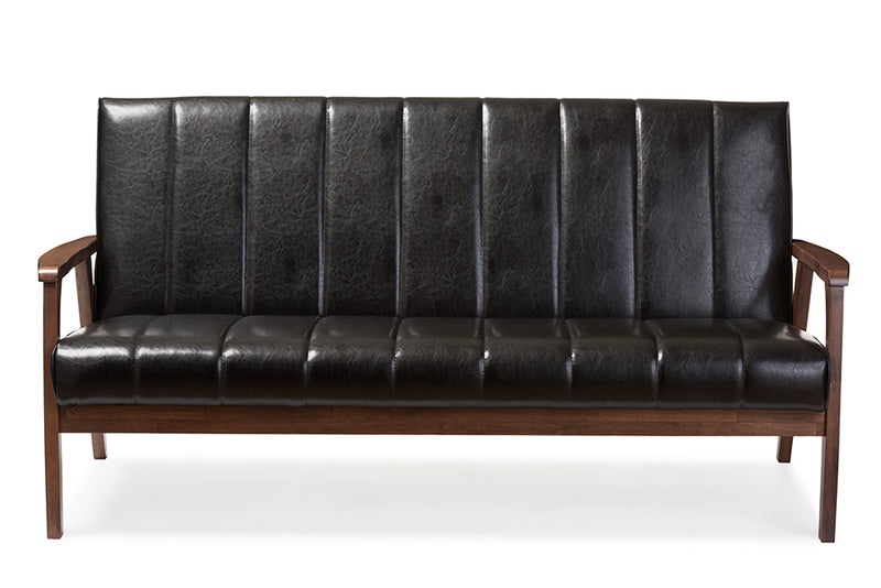 Ghina Mid-century Modern Scandinavian Style Black Faux Leather Wooden 3-Seater Sofa