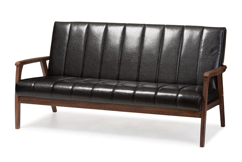 Ghina Mid-century Modern Scandinavian Style Black Faux Leather Wooden 3-Seater Sofa