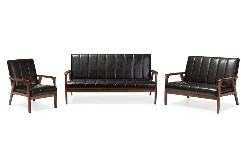 Ghina Mid-century Modern Scandinavian Style Black Faux Leather 3 Pieces Living Room Sets