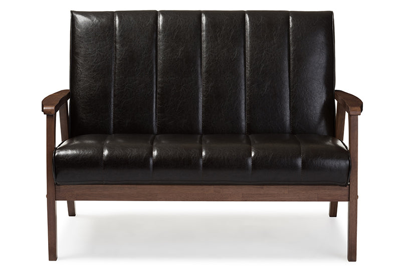 Ghina Mid-century Modern Scandinavian Style Dark Brown Faux Leather Wooden 2-Seater Loveseat